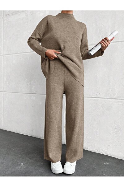 Puella Tkm0005 Women's Dark Beige Glitter Half Turtleneck Pique Sweater-Pants Knitwear Set