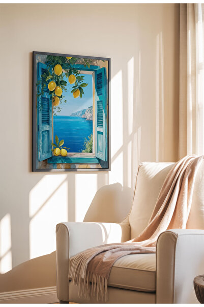 21mxm Poster pânză neînrămat pentru fereastră - Imprimeu digital în stil acuarelă - Fereastră cu lămâi