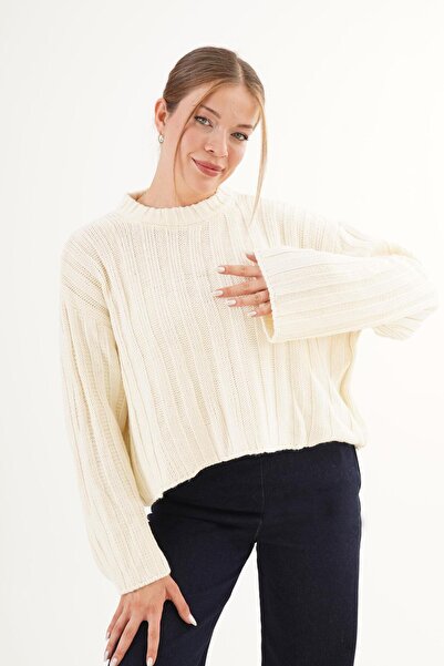 Hipo Trend Pulover tricotat gros, casual, guler rotund bej