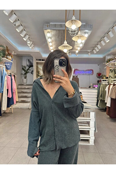 bysoca Cămașă cu nasturi smarald pentru femei și pantaloni cu picioare largi ...