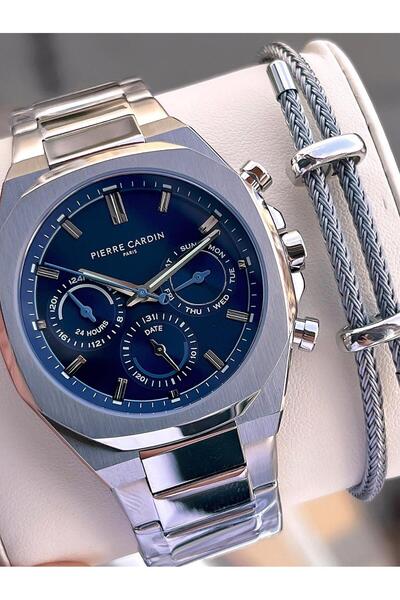 Pierre Cardin ساعة يد رجالية بتصميم إيطالي مع علبة فولاذية وسلك هدية 3 أتم سا...