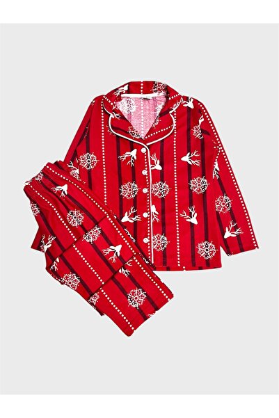 tusem butik homewear Mother Daughter Cotton Suede Fabric Red Deer Snowflake Pattern Shirt Collar Winter Pajamas Set