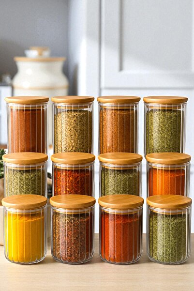 Denia Home | Borelia | 12'liBambu Kapaklı Çizgili Baharat- Kavanoz Takımı 850 Ml.