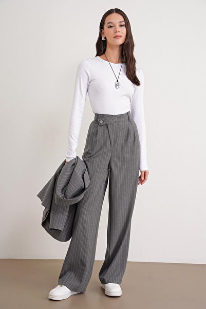 Mixray 4754 Women's Striped Cross Waist Pants Gray