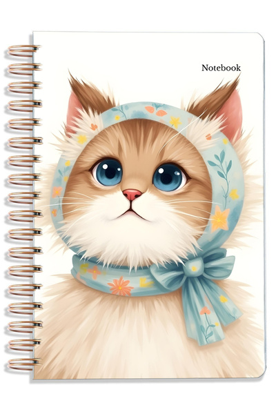 Crow Notebook A5 (14X21Cm) Cat Series Cream Spiral School Notebook 80 Sheets - Lined