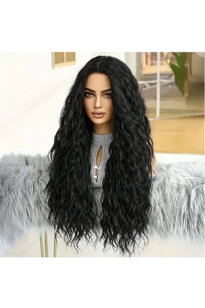 animis beauty Light Black wig, long, curly, without bangs, synthetic fiber with look, 66 cm
