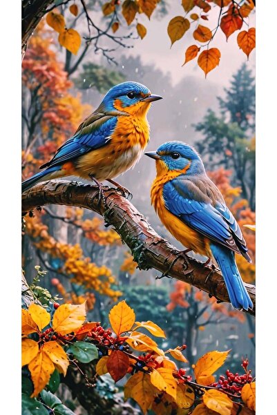 Dialands Mozaik لوحة فنية فسيفساء ماسية من دايلاندز مقاس 45×80 سم T118 بتصميم الطيور المتحابة باللون الأزرق