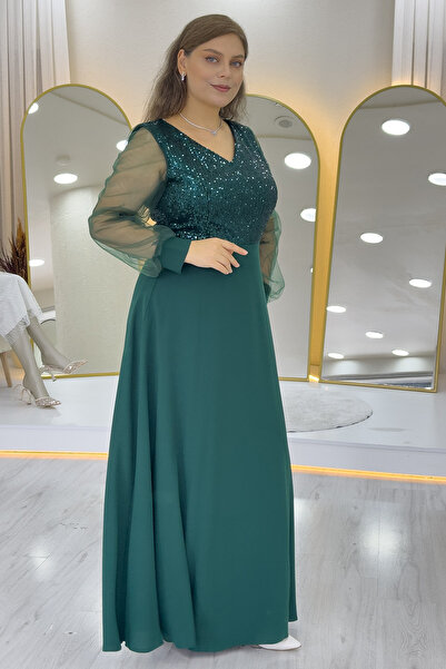 zks grup tekstil Women's See-Through Sleeve Sequin Plus Size Evening Dress Navy Blue, Cobalt Blue, Black, Green