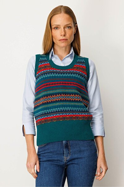 Desen Triko Kadın Sıfır Yaka Önü Jakarlı Yün Süveter K.Ö.başı