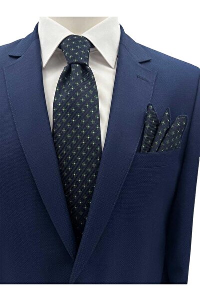 Brianze Navy Blue Green Patterned Tie and Handkerchief Set