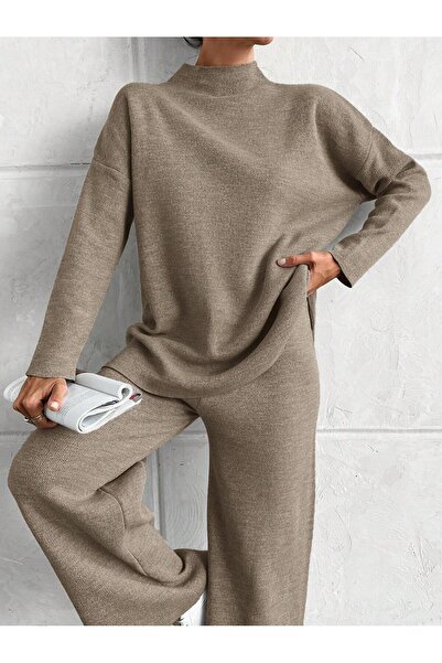 Puella Tkm0005 Women's Dark Beige Glitter Half Turtleneck Pique Sweater-Pants Knitwear Set
