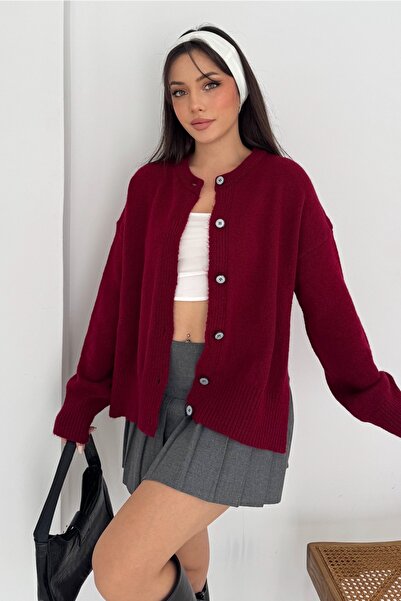 FEMELLE Burgundy Slit Buttons on the Side Oversized Knitwear Cardigan Standard Size
