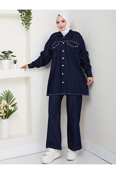 RETA MODA طقم جينز مكون من قطعتين مع بنطلون تيزيتير من حجر اللؤلؤ