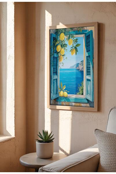 21mxm Poster pânză neînrămat pentru fereastră - Imprimeu digital în stil acuarelă - Fereastră cu lămâi