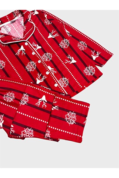 tusem butik homewear Mother Daughter Cotton Suede Fabric Red Deer Snowflake Pattern Shirt Collar Winter Pajamas Set