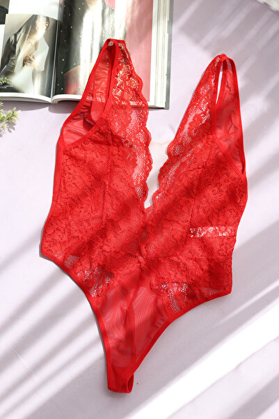 lovenel Kırmızı Dantelli Transparan Kadın Bodysuit