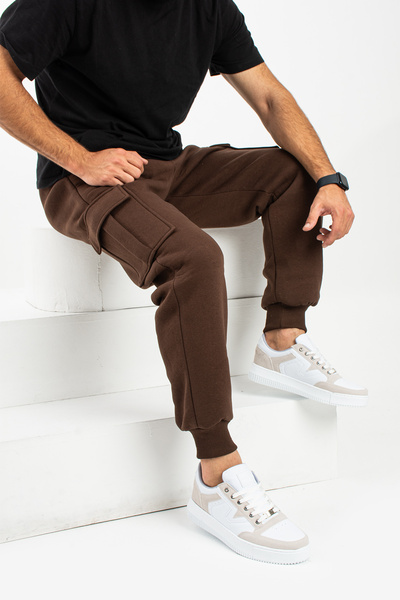 grand coco Ανδρικό παντελόνι επένδυση fleece κλωστών, πλαϊνή τσέπη πόδια, ελαστικό καφέ παντελόνι