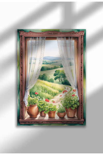 21mxm Poster pânză pentru fereastră fără ramă - Imprimeu digital în stil acuarelă - Fereastră cu ghivece de lut