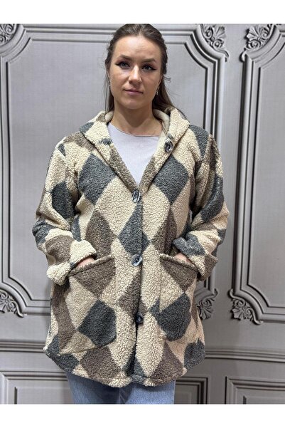 AGORATEKSTİL Women's Hooded Button Double Pocket Lamb Fleece Patterned Jacket