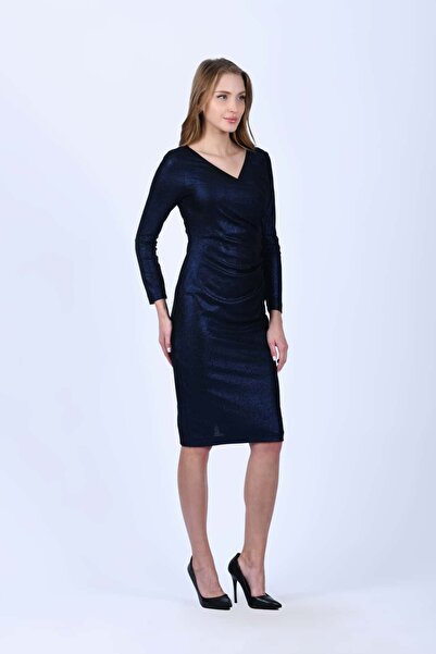 la luce Navy Black Drapeli Işıltılı Elbise - LE486