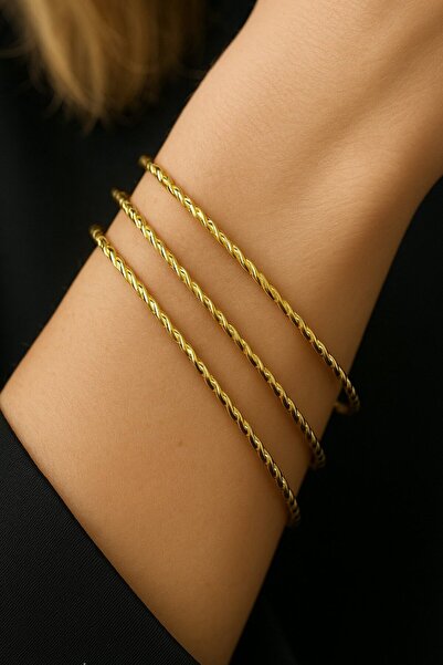 TAKIŞTIR Gold Color 3-Piece Twist Detailed Bracelet