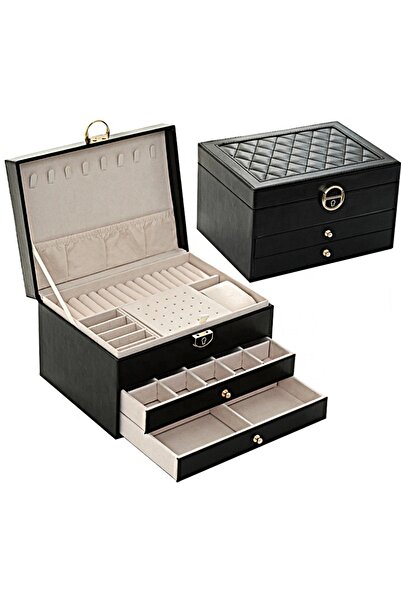 gaman Kadınlar için 3 Katmanlı Kilitli suni Deri Mücevher Kutusu Çıkarılabilir Tepsili Düzenleyici MK-24