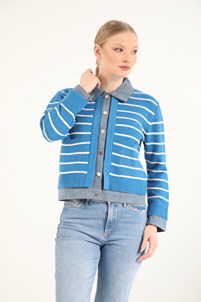My City 81004 - Stylish Rhat Denim Paneled Women's Shirt Collar Knitwear Cardigan