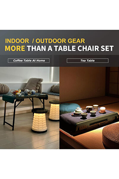 Generic Outdoor Foldable Table with 2 Adjustable Led Stools - Lightweight Portable Camping Table (Brown)