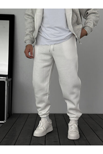 BYBASICMAN Λευκή αθλητική φόρμα επένδυση fleece με ελαστικό πόδι JJ-1406