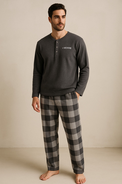 Katia&Bony Men's plaid patterned pajama set gray