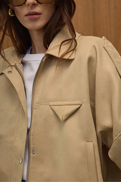 SUMEYYEKACMAZ Cep Detaylı Süet Bomber Ceket - Açık Bej