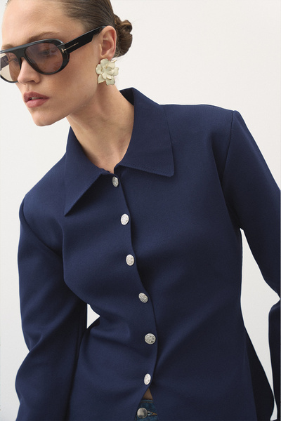 Jolamier Metalik Düğmeli Fit Triko Hırka Lacivert