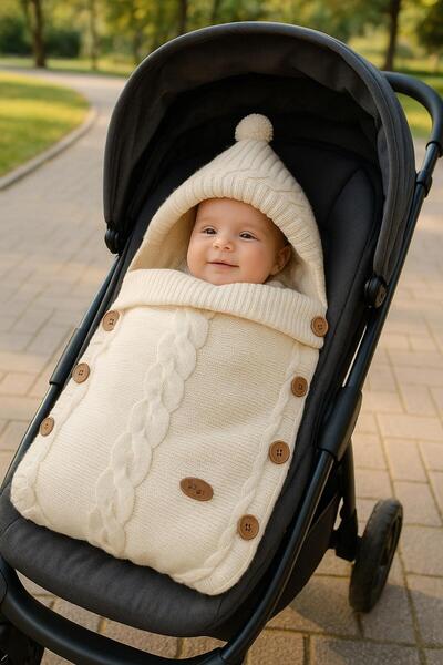 anne dokunuşu gibi KUZUM BEBE Knitted Baby Blanket and Swaddle with a Soft, Well-Softened Interior. Note: the Buttoned Version Is Adjustable.