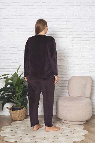 Asel Büyük Beden Mürdüm Rengi Uzun Kollu Kadife Pijama Takımı