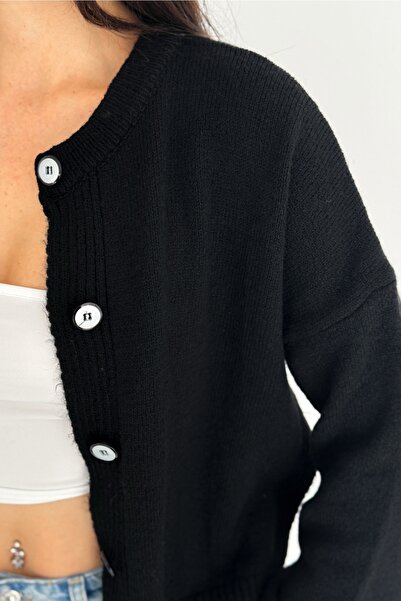 FEMELLE Black Oversized Knitwear Cardigan with Slit Buttons on the Side Standard Size