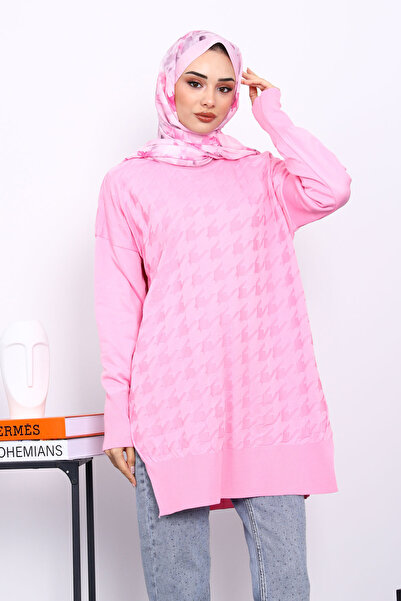 İmajButik Pink Houndstooth Patterned Cold Yarn Knitwear Tunic