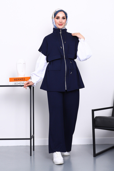 İmajButik Navy Blue Zippered Vest and Pants Modal Set