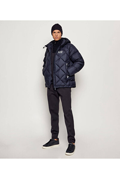 EA7 Erkek Kapitoneli Kapüşonlu Su Tutmayan ve Nefes Alabilen Kumaş Ördek Tüyü Dolgulu Mavi Ceket 7M00100