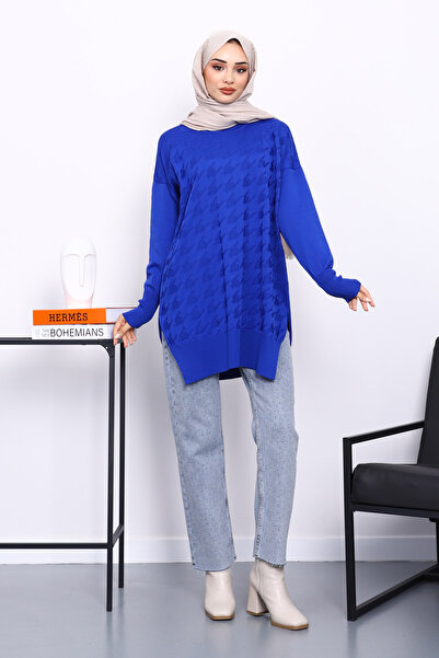 İmajButik Cobalt Blue Houndstooth Patterned Cold Yarn Knitwear Tunic