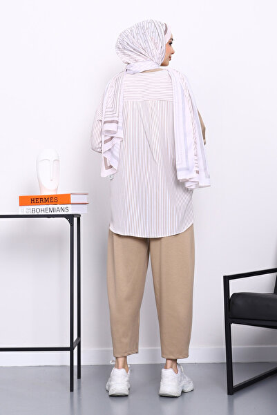 İmajButik Biskuit Paneled Tunic Striped Set with Trousers