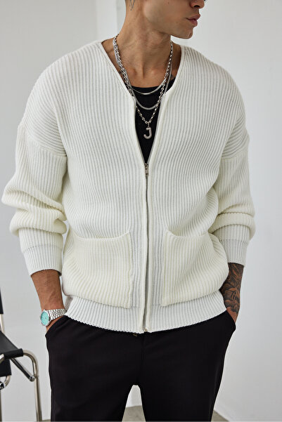 MADZEYMODA Преміум чоловічий светр з блискавкою, екрю, трикотаж, LS-62003