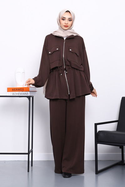 İmajButik Brown Zippered Tunic and Pants Modal Set