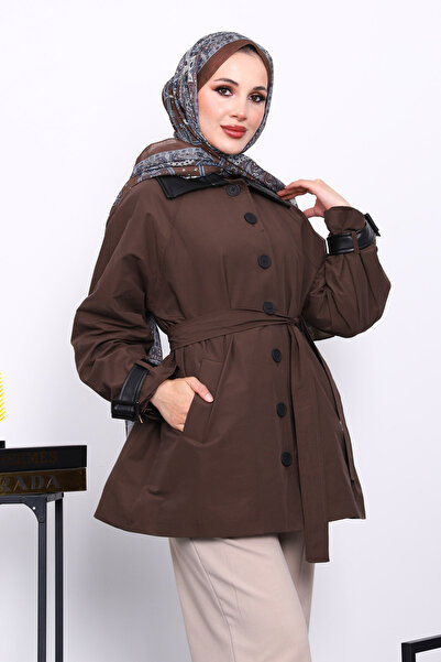 İmajButik Καφέ δερμάτινο κοστούμι με λεπτομέρεια και ζώνη