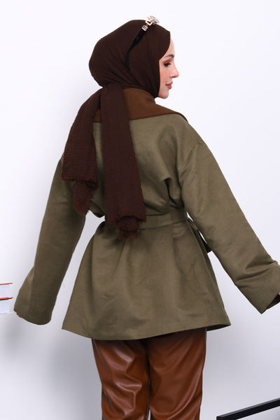 İmajButik Khaki Collar Paneled Pocket Belted Trench Coat