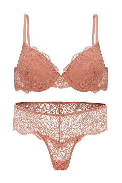 Wonna Anna 2735 Lace Low-Cut Padded Push-Up Bra and Panty Set - Dusty Rose
