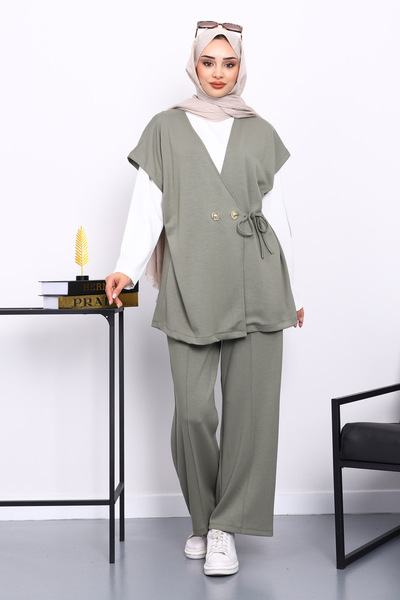 İmajButik Χακί σετ κοστούμι με γιλέκο Τριπλό Σετ Παντελόνι Τουνίκ