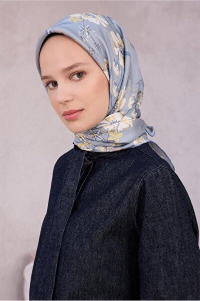 Belli Tivil Saf İpek Eşarp 4210 - 52 Buz Mavi Çiçek Desen