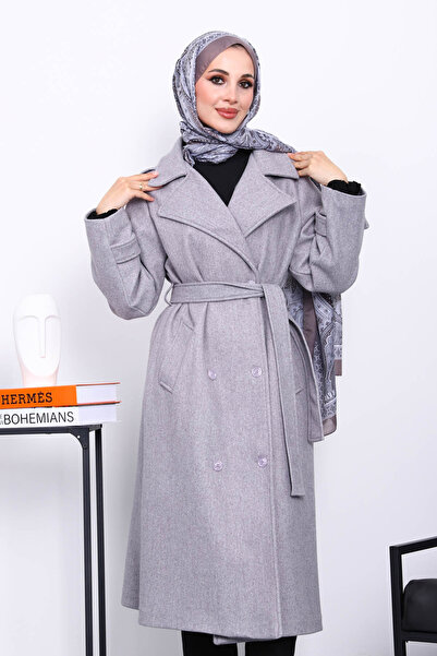 İmajButik Γκρι παλτό με κασετίνα με διπλό πέτο γιακά και ζώνη