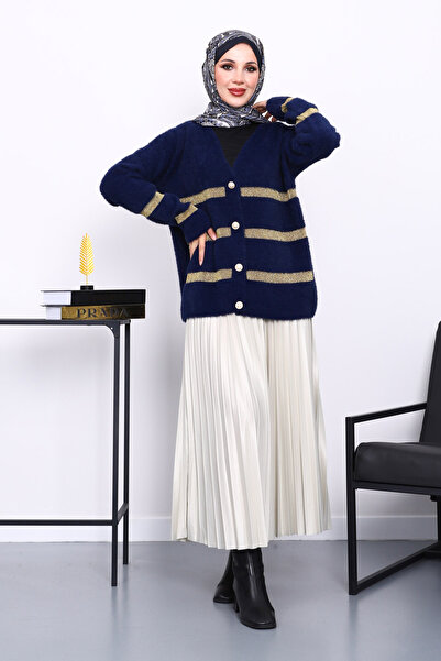 İmajButik Navy Blue V-Neck Angora Soft Cardigan