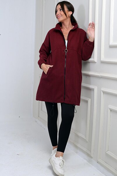 By Saygı Women's Long Cashmere Coat with Front Zipper and Six Elastic Pockets